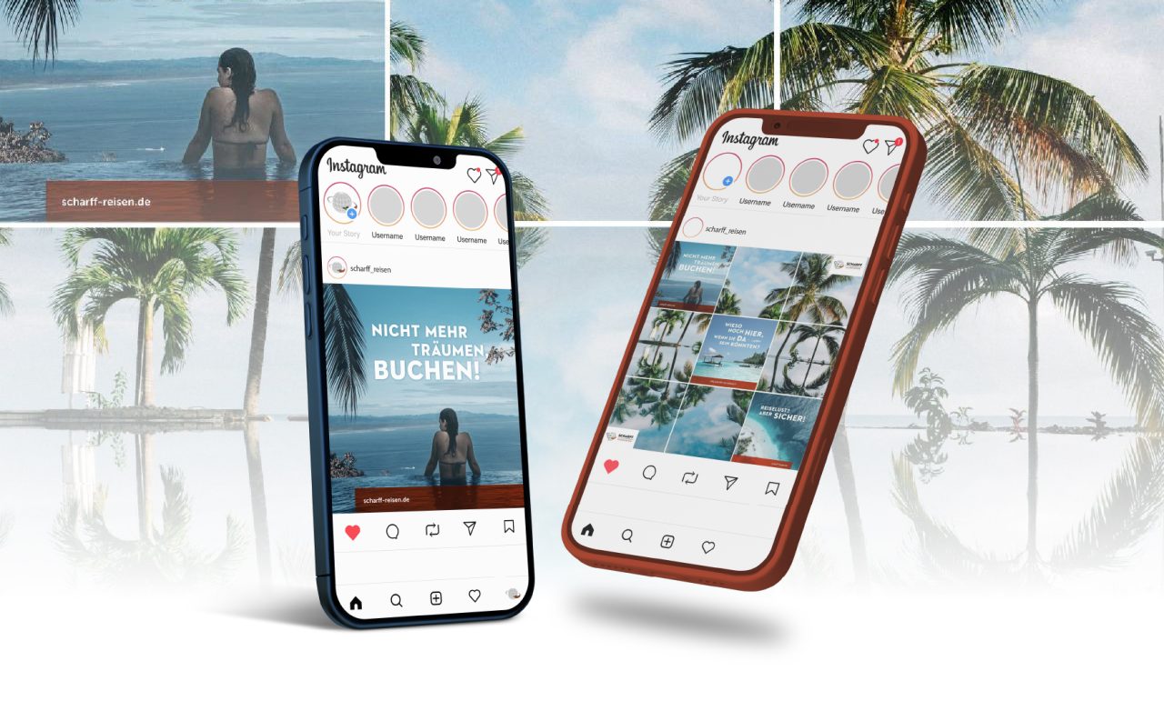 Zwei Mobilgeräte die den Scharff Reisen Instagram Account zeigen