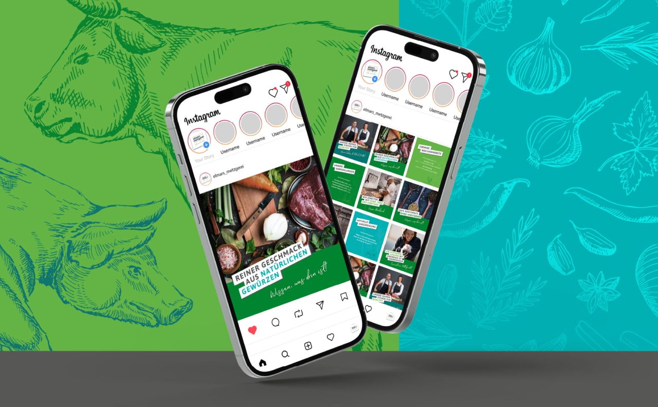 Zwei Mobilgeräte die den Elmars Metzgerei Instagram Account zeigen